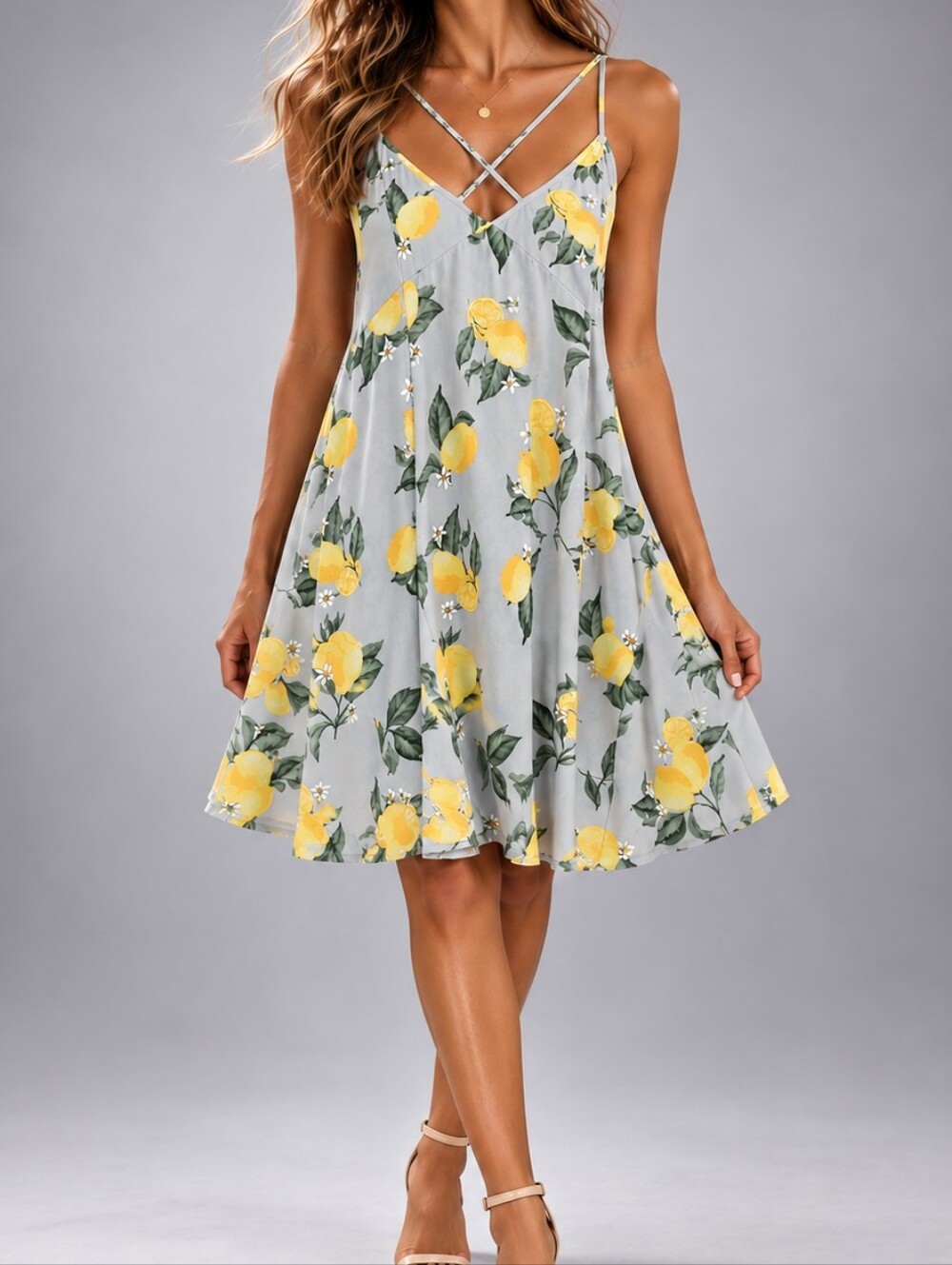 Derek Heart Lemon Floral Print Crisscross Strap Stretch Mini Sundress